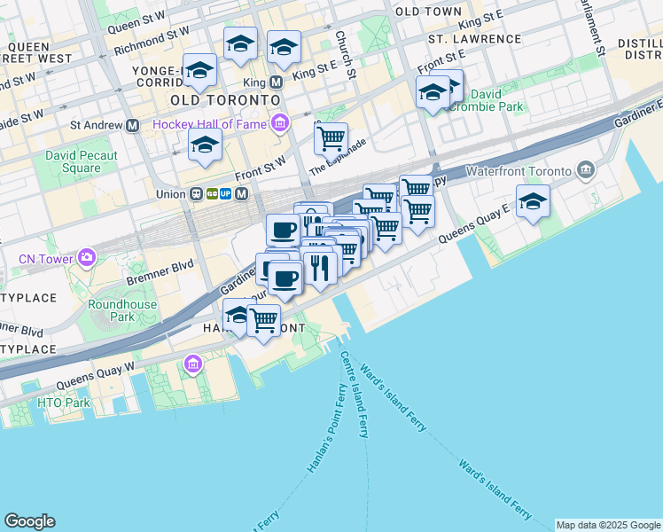 map of restaurants, bars, coffee shops, grocery stores, and more near 10 Yonge Street in Toronto