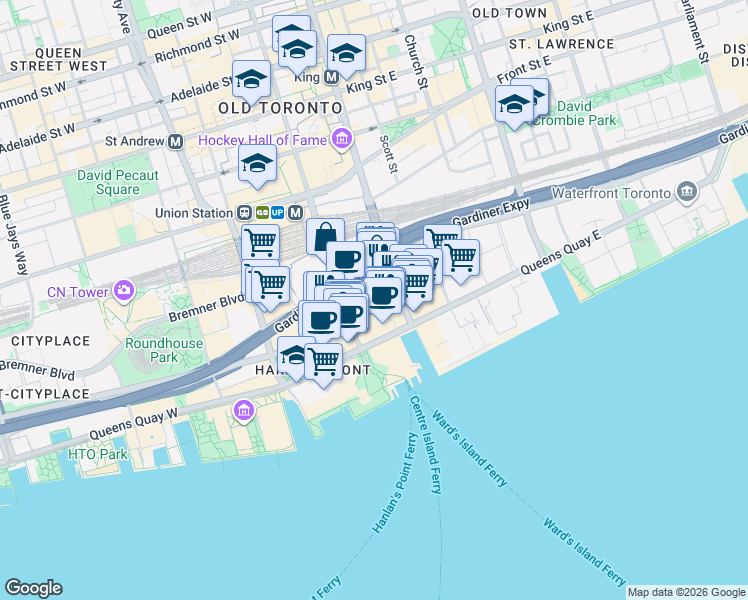 map of restaurants, bars, coffee shops, grocery stores, and more near 8 Harbour Street in Toronto
