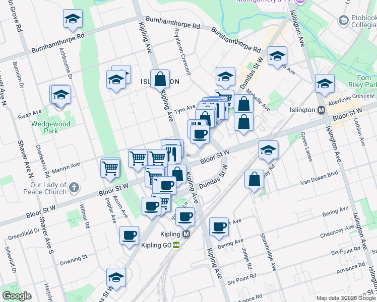map of restaurants, bars, coffee shops, grocery stores, and more near 9 Streight Lane in Toronto