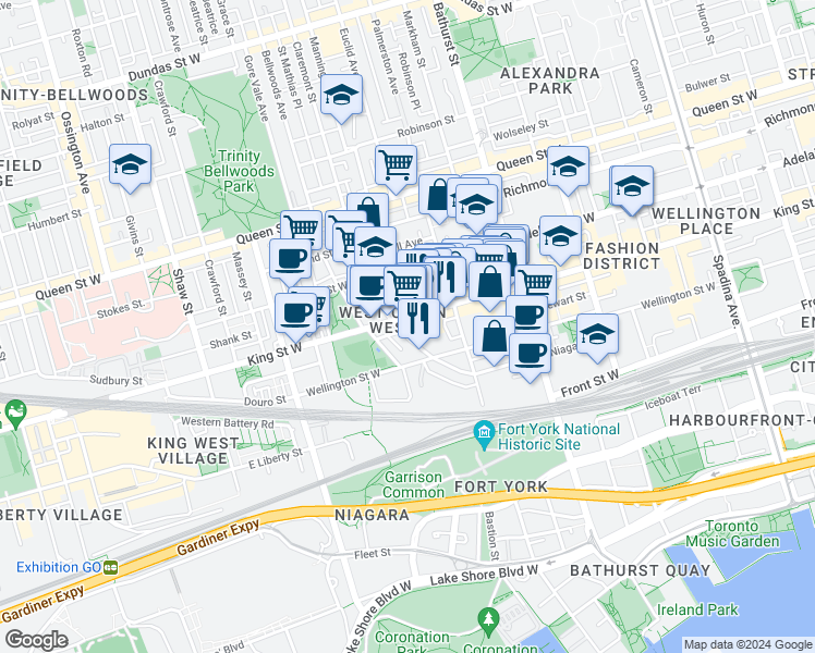 map of restaurants, bars, coffee shops, grocery stores, and more near in Toronto