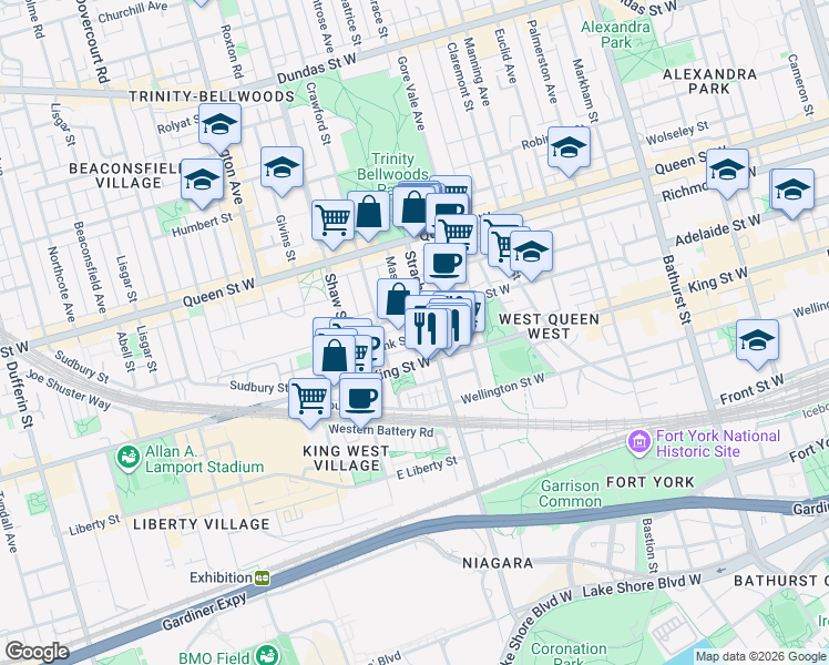 map of restaurants, bars, coffee shops, grocery stores, and more near 31 Massey Street in Toronto