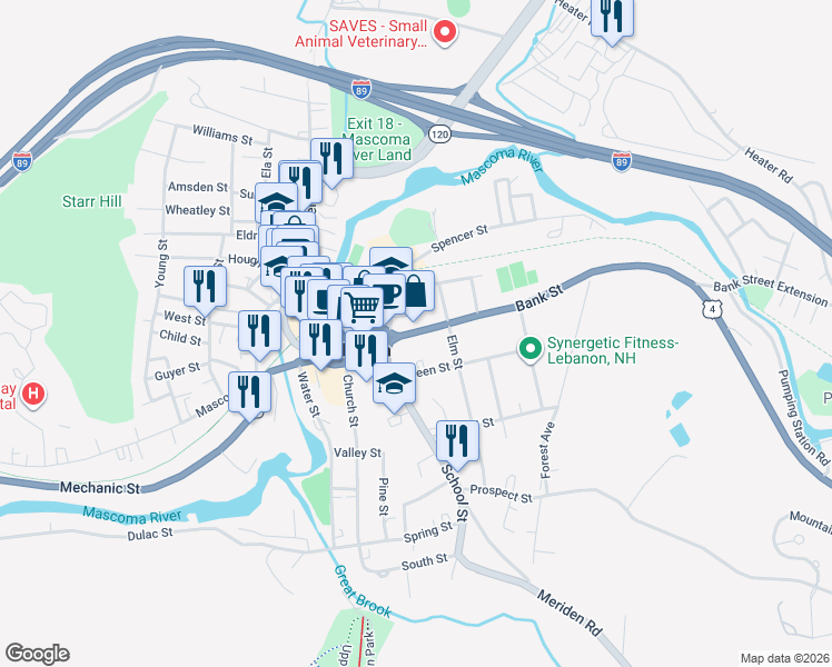 map of restaurants, bars, coffee shops, grocery stores, and more near 7 Bank Street in Lebanon