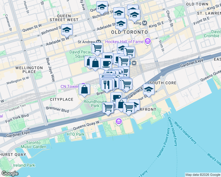 map of restaurants, bars, coffee shops, grocery stores, and more near 120 Bremner Boulevard in Toronto