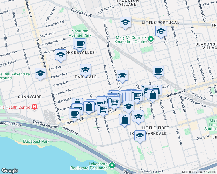 map of restaurants, bars, coffee shops, grocery stores, and more near 84 Macdonald Avenue in Toronto