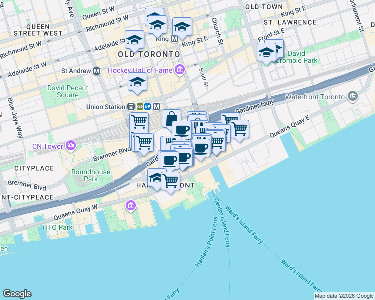 map of restaurants, bars, coffee shops, grocery stores, and more near 33 Bay Street in Toronto