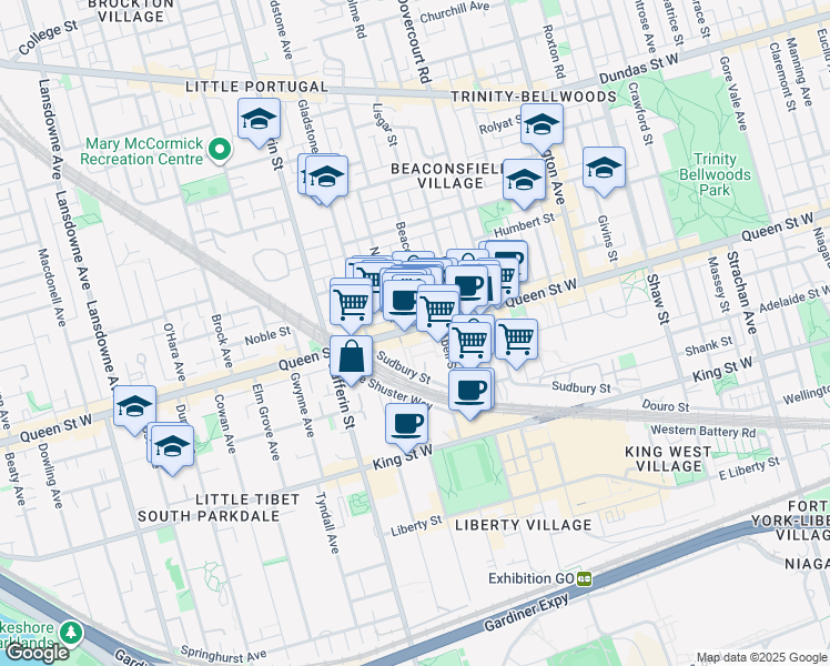 map of restaurants, bars, coffee shops, grocery stores, and more near 1155 Queen Street West in Toronto