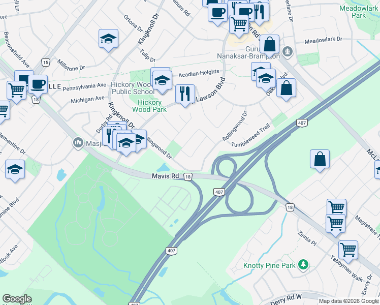 map of restaurants, bars, coffee shops, grocery stores, and more near 32 Wildsky Road in Brampton
