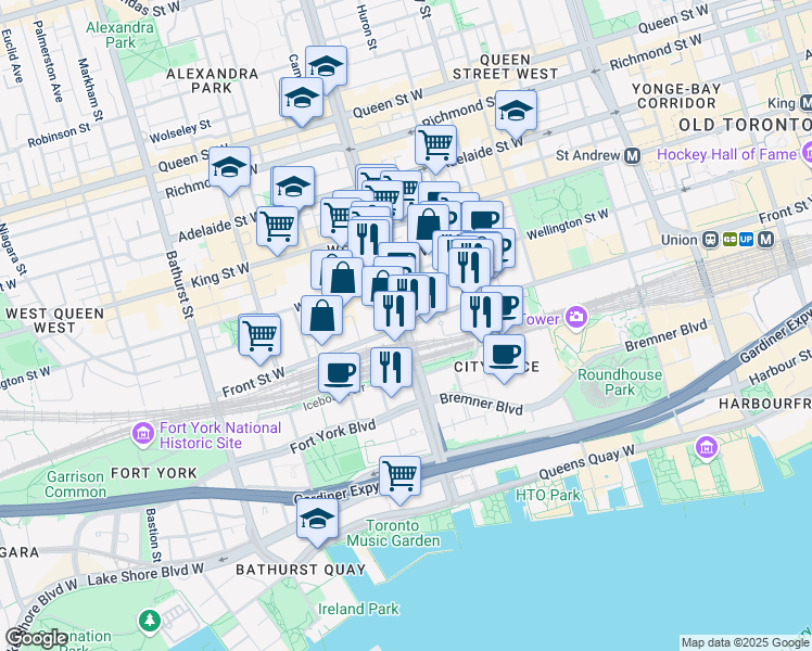 map of restaurants, bars, coffee shops, grocery stores, and more near Spadina Ave & Front St W in Toronto