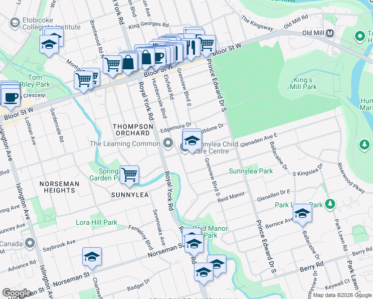 map of restaurants, bars, coffee shops, grocery stores, and more near 94 Elsfield Road in Toronto