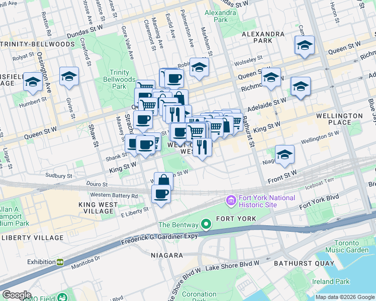 map of restaurants, bars, coffee shops, grocery stores, and more near 201 Niagara Street in Toronto