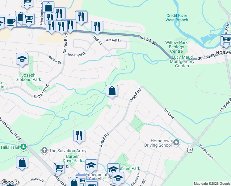 map of restaurants, bars, coffee shops, grocery stores, and more near 25 Gollop Crescent in Halton Hills