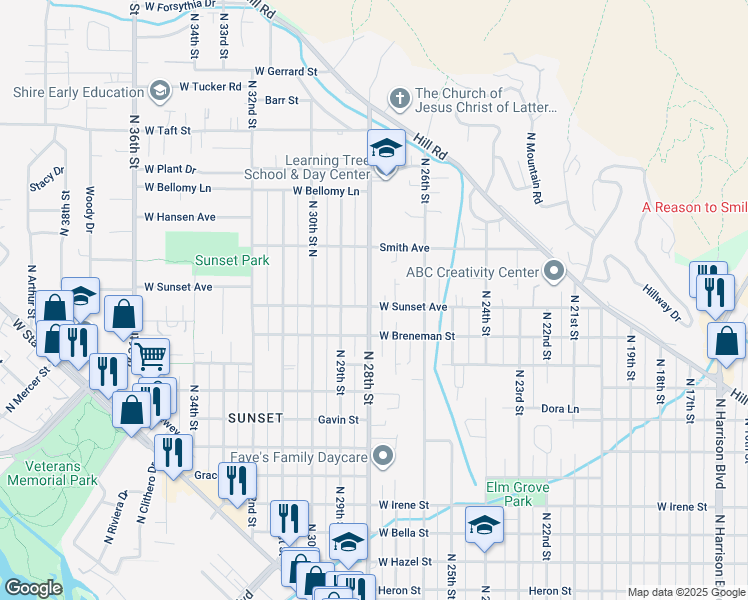map of restaurants, bars, coffee shops, grocery stores, and more near 2715 West Sunset Avenue in Boise