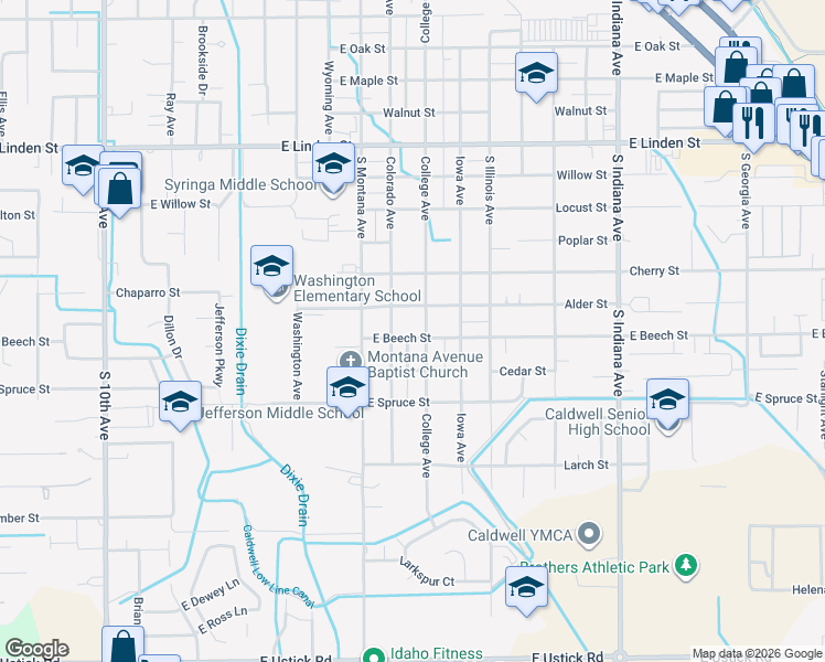 map of restaurants, bars, coffee shops, grocery stores, and more near 3105 College Avenue in Caldwell