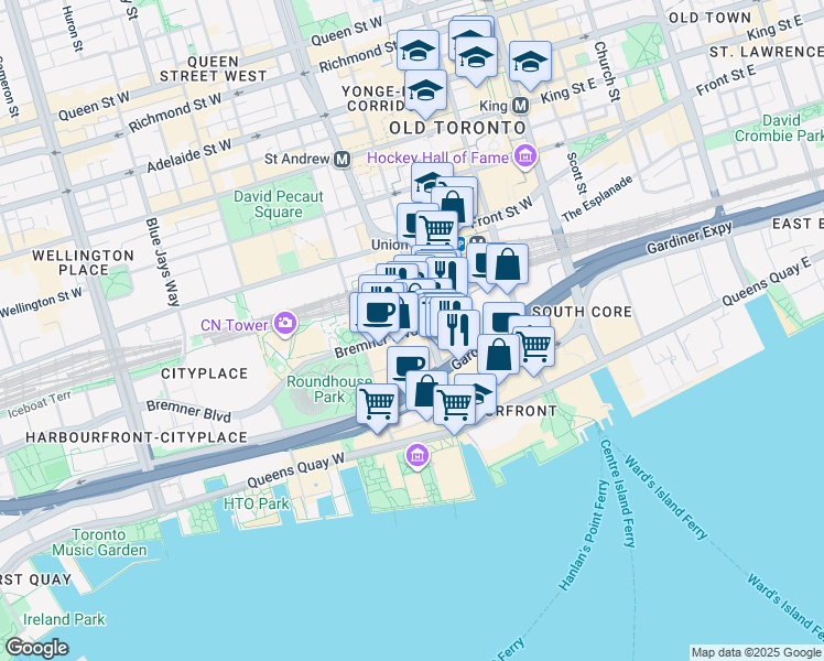 map of restaurants, bars, coffee shops, grocery stores, and more near 63 Bremner Boulevard in Toronto