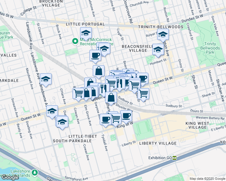 map of restaurants, bars, coffee shops, grocery stores, and more near in Toronto