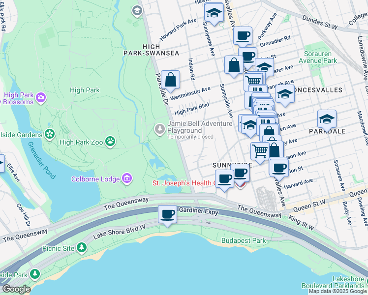 map of restaurants, bars, coffee shops, grocery stores, and more near in Toronto