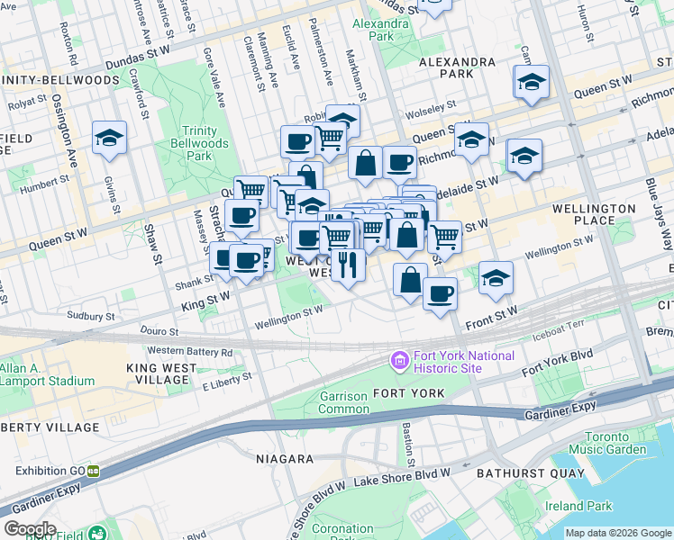 map of restaurants, bars, coffee shops, grocery stores, and more near 801 King Street West in Toronto