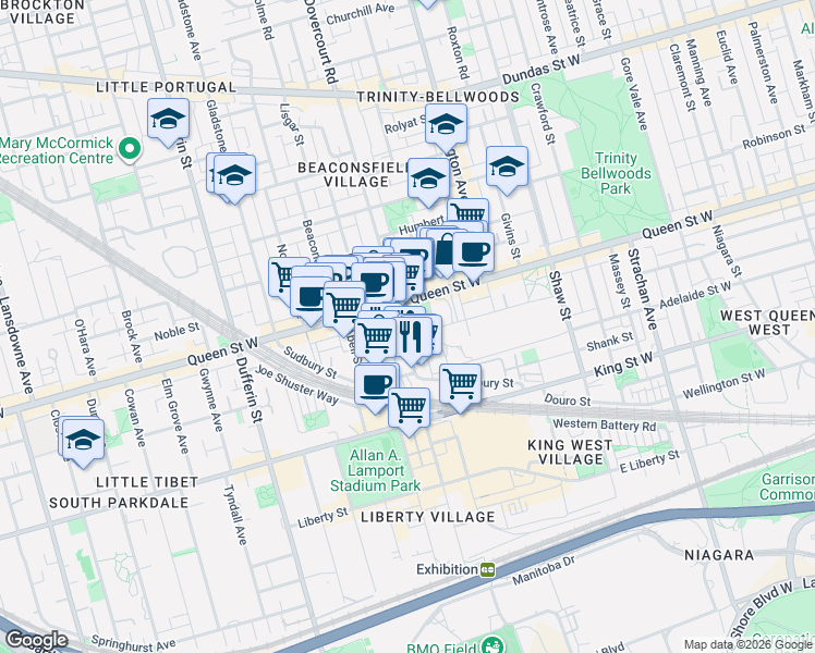 map of restaurants, bars, coffee shops, grocery stores, and more near 91 Dovercourt Road in Toronto