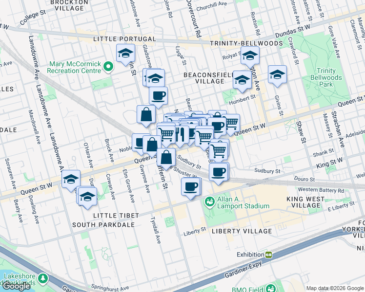 map of restaurants, bars, coffee shops, grocery stores, and more near 1190 Queen Street West in Toronto