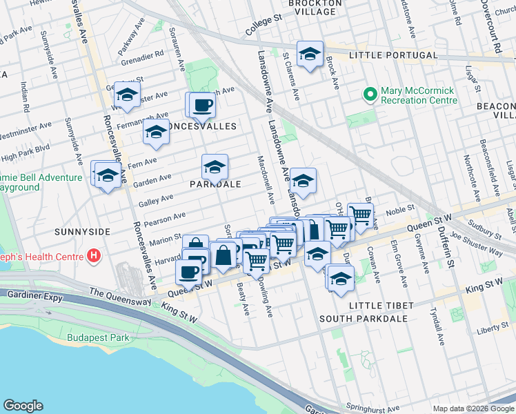map of restaurants, bars, coffee shops, grocery stores, and more near 93 Fuller Avenue in Toronto