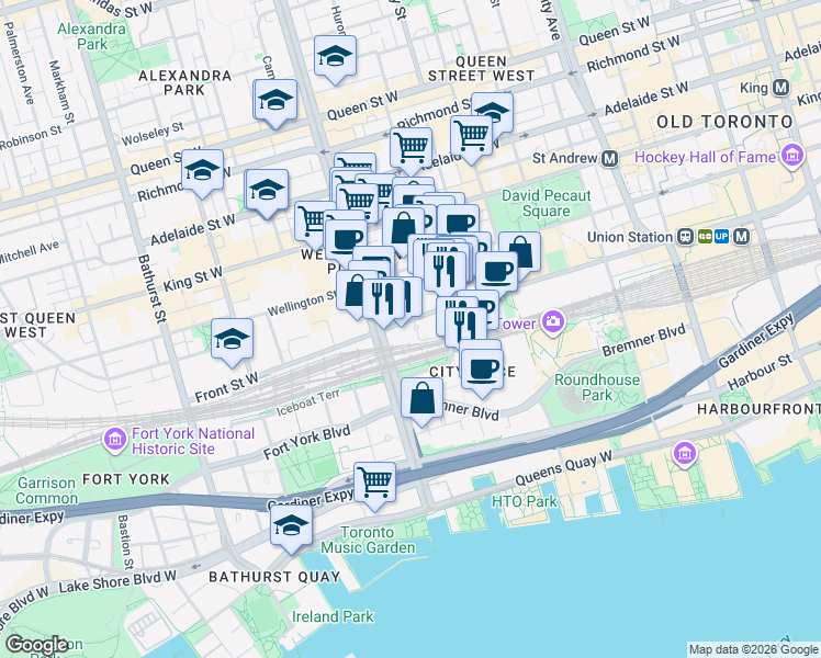 map of restaurants, bars, coffee shops, grocery stores, and more near 381 Front Street West in Toronto