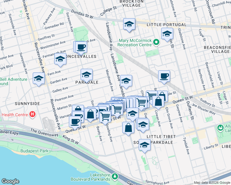 map of restaurants, bars, coffee shops, grocery stores, and more near in Toronto