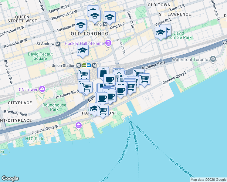 map of restaurants, bars, coffee shops, grocery stores, and more near 18 Harbour Street in Toronto