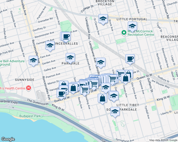 map of restaurants, bars, coffee shops, grocery stores, and more near 86 A Macdonell Avenue in Toronto