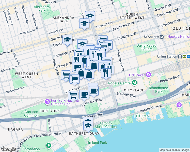 map of restaurants, bars, coffee shops, grocery stores, and more near 440 Front Street West in Toronto