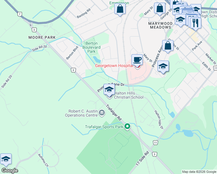 map of restaurants, bars, coffee shops, grocery stores, and more near 6 Grey Owl Run in Halton Hills