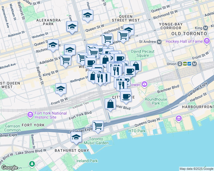 map of restaurants, bars, coffee shops, grocery stores, and more near 381 Front Street West in Toronto