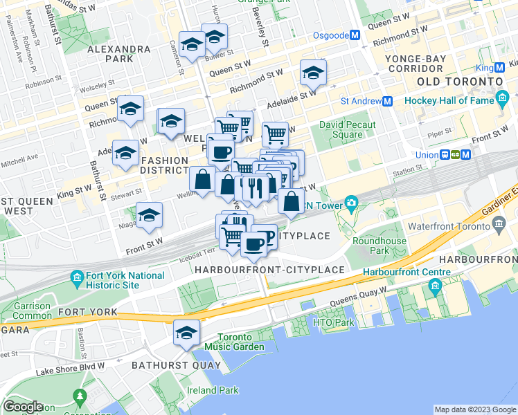 map of restaurants, bars, coffee shops, grocery stores, and more near 391 Front Street West in Toronto