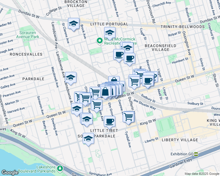 map of restaurants, bars, coffee shops, grocery stores, and more near 34 Noble Street in Toronto