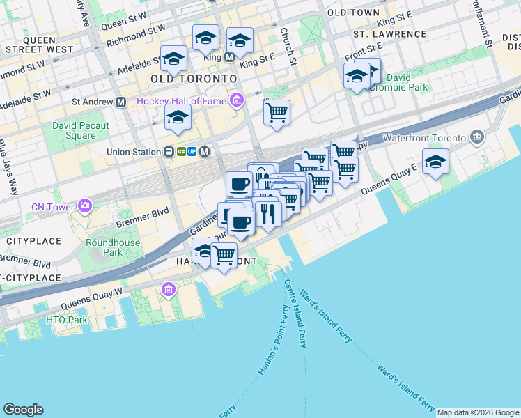 map of restaurants, bars, coffee shops, grocery stores, and more near 12 Yonge Street in Toronto