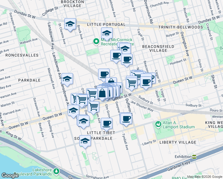 map of restaurants, bars, coffee shops, grocery stores, and more near 24 Noble Street in Toronto