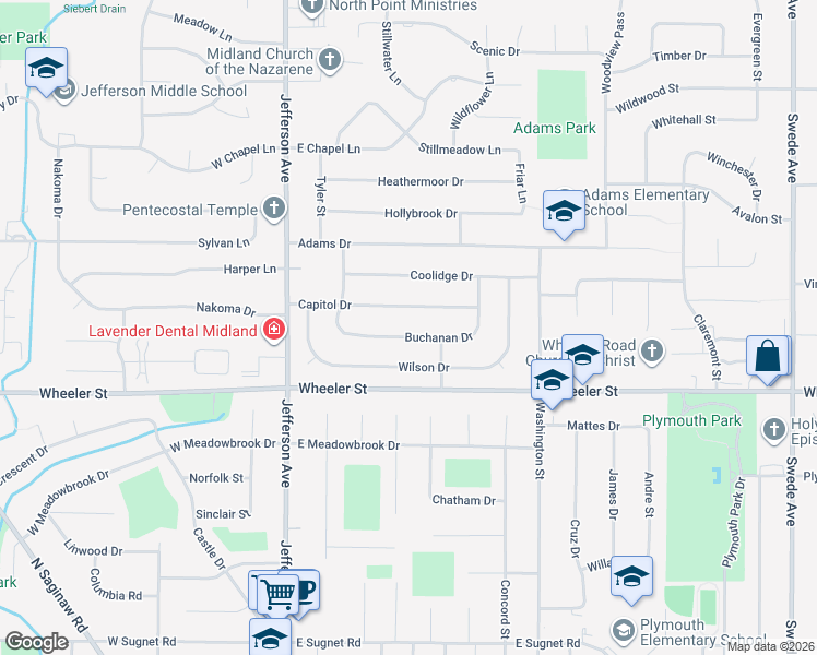map of restaurants, bars, coffee shops, grocery stores, and more near 414 Buchanan Drive in Midland