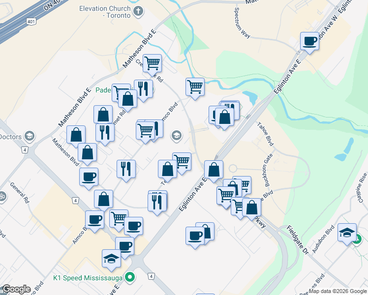 map of restaurants, bars, coffee shops, grocery stores, and more near 5110 Creekbank Road in Mississauga