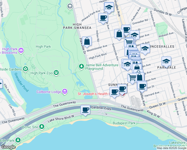 map of restaurants, bars, coffee shops, grocery stores, and more near 163 Parkside Drive in Toronto