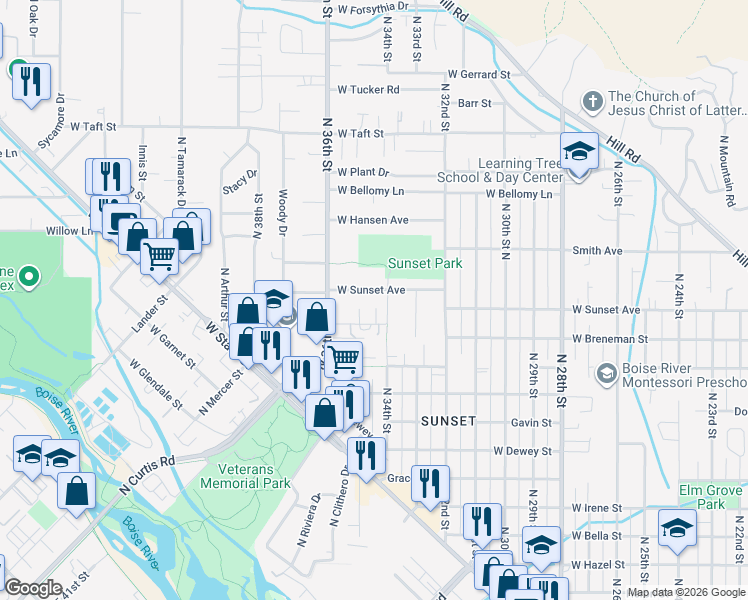 map of restaurants, bars, coffee shops, grocery stores, and more near 2420 36th Street in Boise