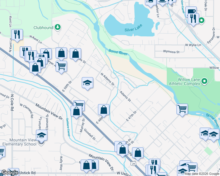 map of restaurants, bars, coffee shops, grocery stores, and more near 4950 North Bradley Street in Garden City