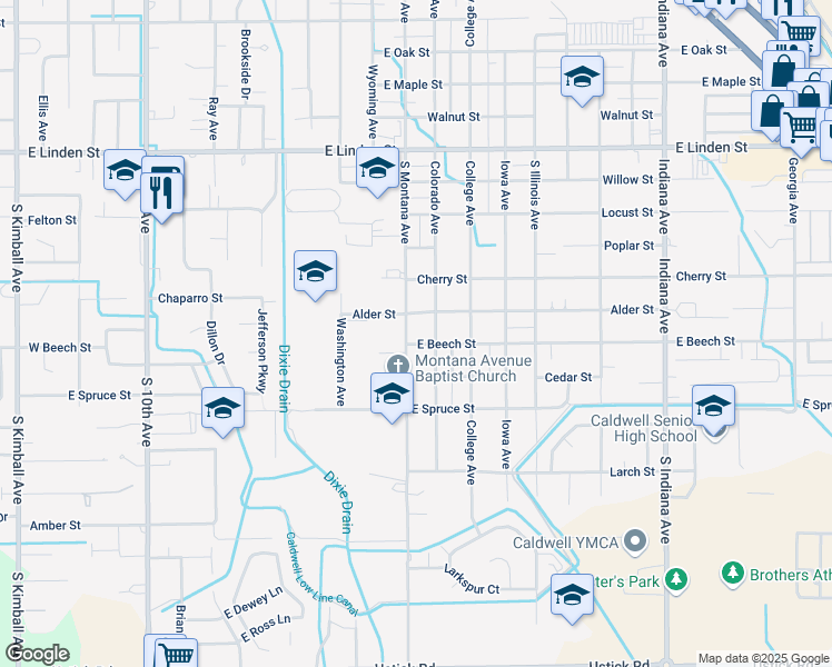 map of restaurants, bars, coffee shops, grocery stores, and more near 3103 Colorado Avenue in Caldwell