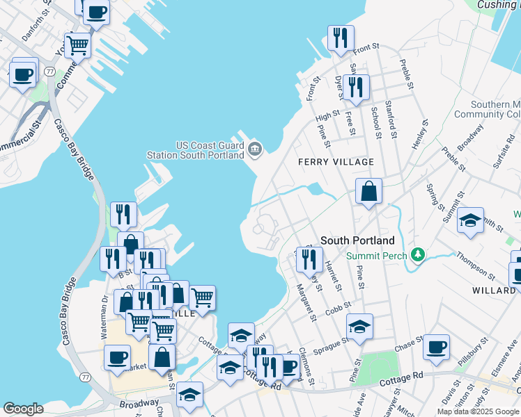 map of restaurants, bars, coffee shops, grocery stores, and more near 1 River Place Drive in South Portland