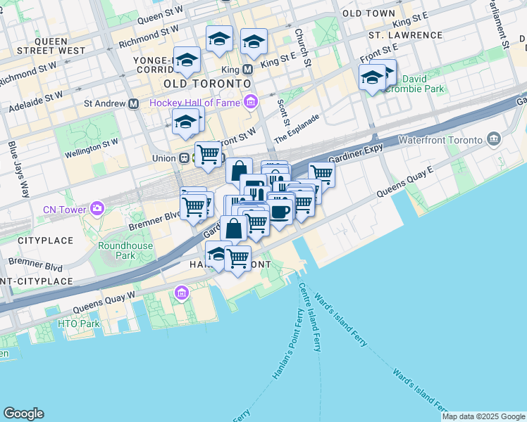 map of restaurants, bars, coffee shops, grocery stores, and more near in Toronto