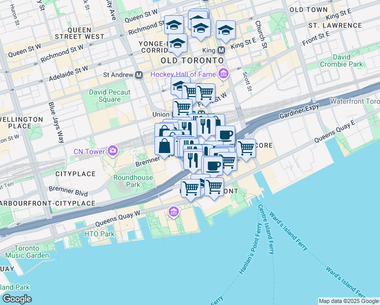 map of restaurants, bars, coffee shops, grocery stores, and more near 50 Bay Street in Toronto
