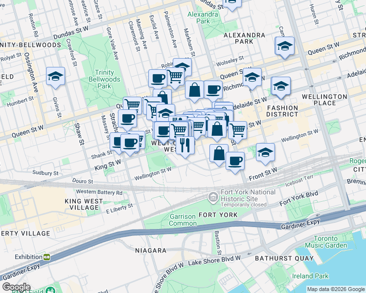 map of restaurants, bars, coffee shops, grocery stores, and more near 791 King Street West in Toronto