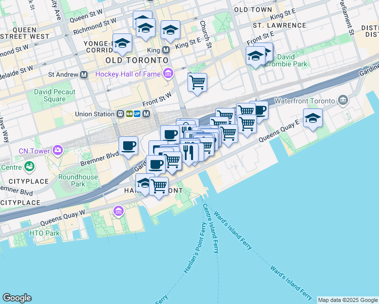 map of restaurants, bars, coffee shops, grocery stores, and more near 12 Yonge Street in Toronto