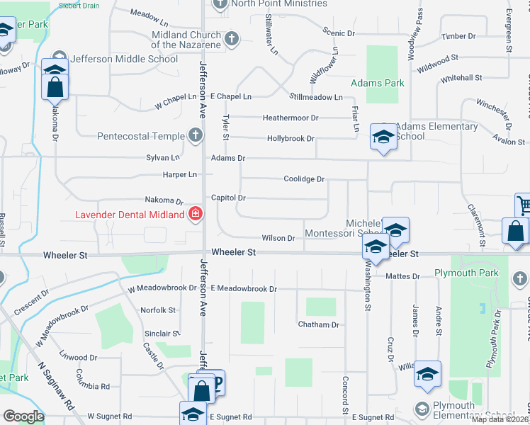 map of restaurants, bars, coffee shops, grocery stores, and more near 306 Buchanan Drive in Midland