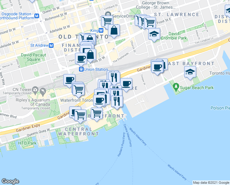 map of restaurants, bars, coffee shops, grocery stores, and more near 12 Yonge Street in Toronto