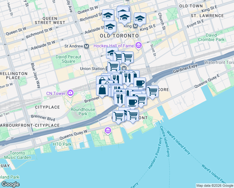 map of restaurants, bars, coffee shops, grocery stores, and more near 65 Bremner Boulevard in Toronto