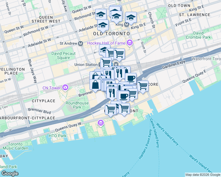 map of restaurants, bars, coffee shops, grocery stores, and more near 55 Bremner Boulevard in Toronto